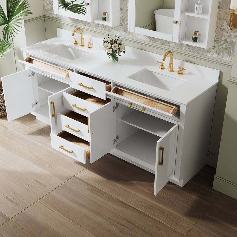 Left. WELLFOR - 80" Solid Wood Bathroom Vanity with Double Sink, 4 Soft-Close Doors, 6 Drawers& Cultured Marble Countertop - White.
