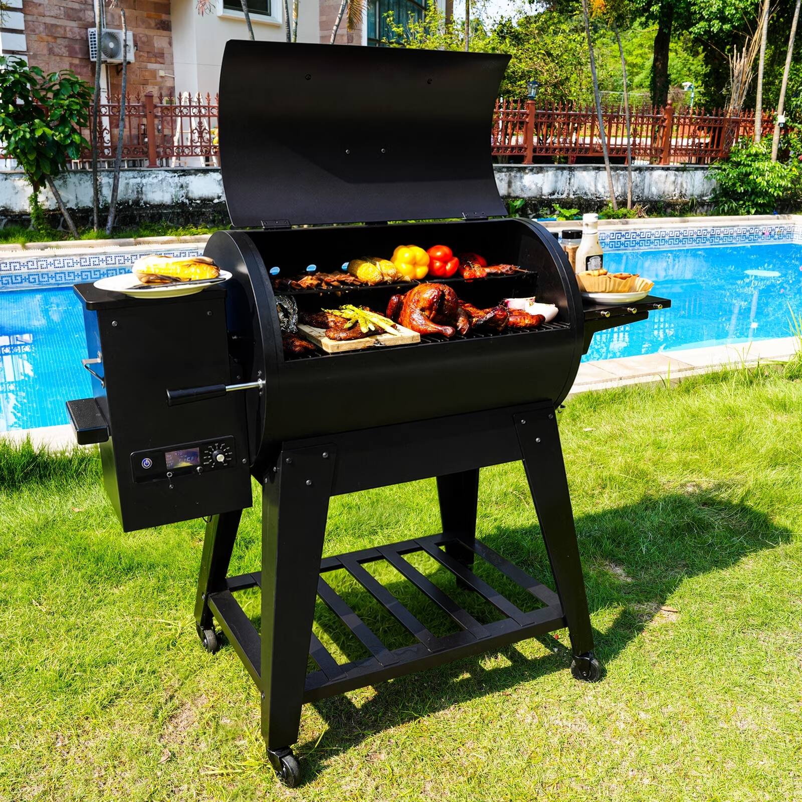 Angle. KingChii - 766-sq in Brown Electric Pellet Smoker Grill with Auto Pellet Feed and PID Control.