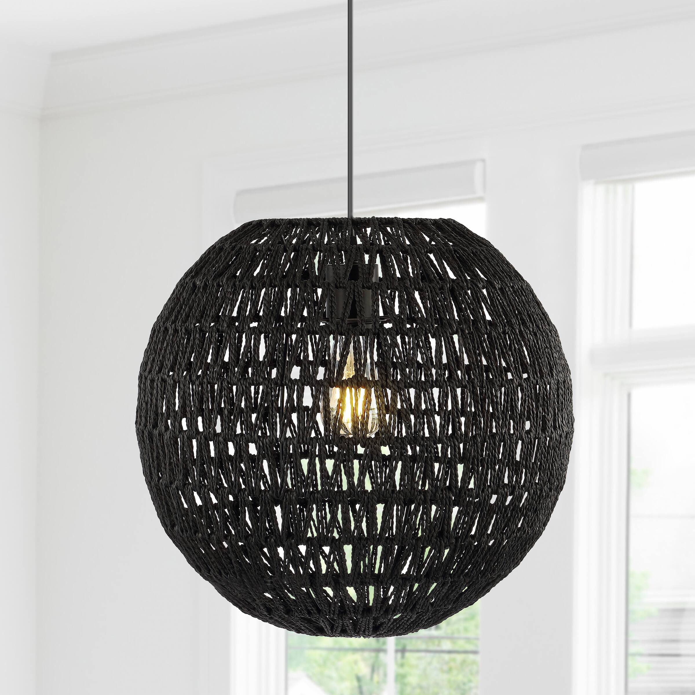 Alt View 1. Jonathan Y - Luna 15.75" 1-Light Bohemian Modern Woven Rattan/Iron LED Pendant, Black - Black.