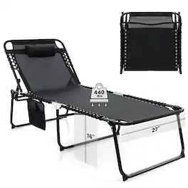 Gymax - Oversize Folding Chaise Lounge Portable Sun Lounger w/ Adjustable Backrest Detachable Pillow - Black