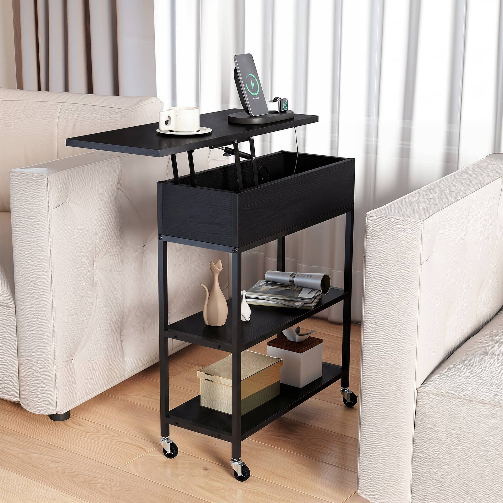 Alt View 3. Gymax - Gymax 2PCS Rolling Lift Top End Table w/ Charging Station Hidden Compartment - Black.