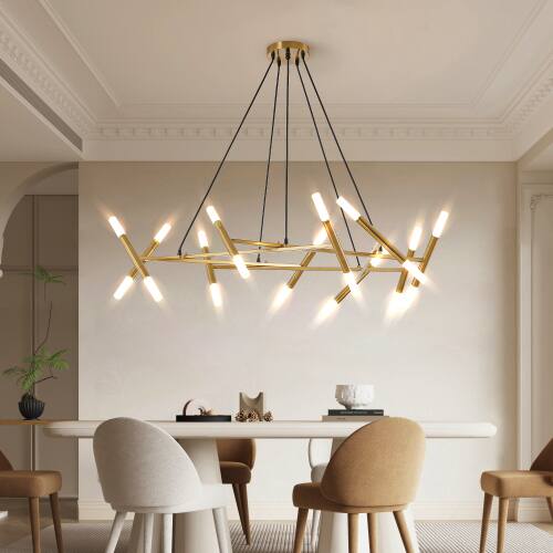 Left. LUCKY ONE - 41in Hanging Branch Chandelier, 20-Light Gold Modern Pendant with Frosted Tubes for Dining Room - Gold.