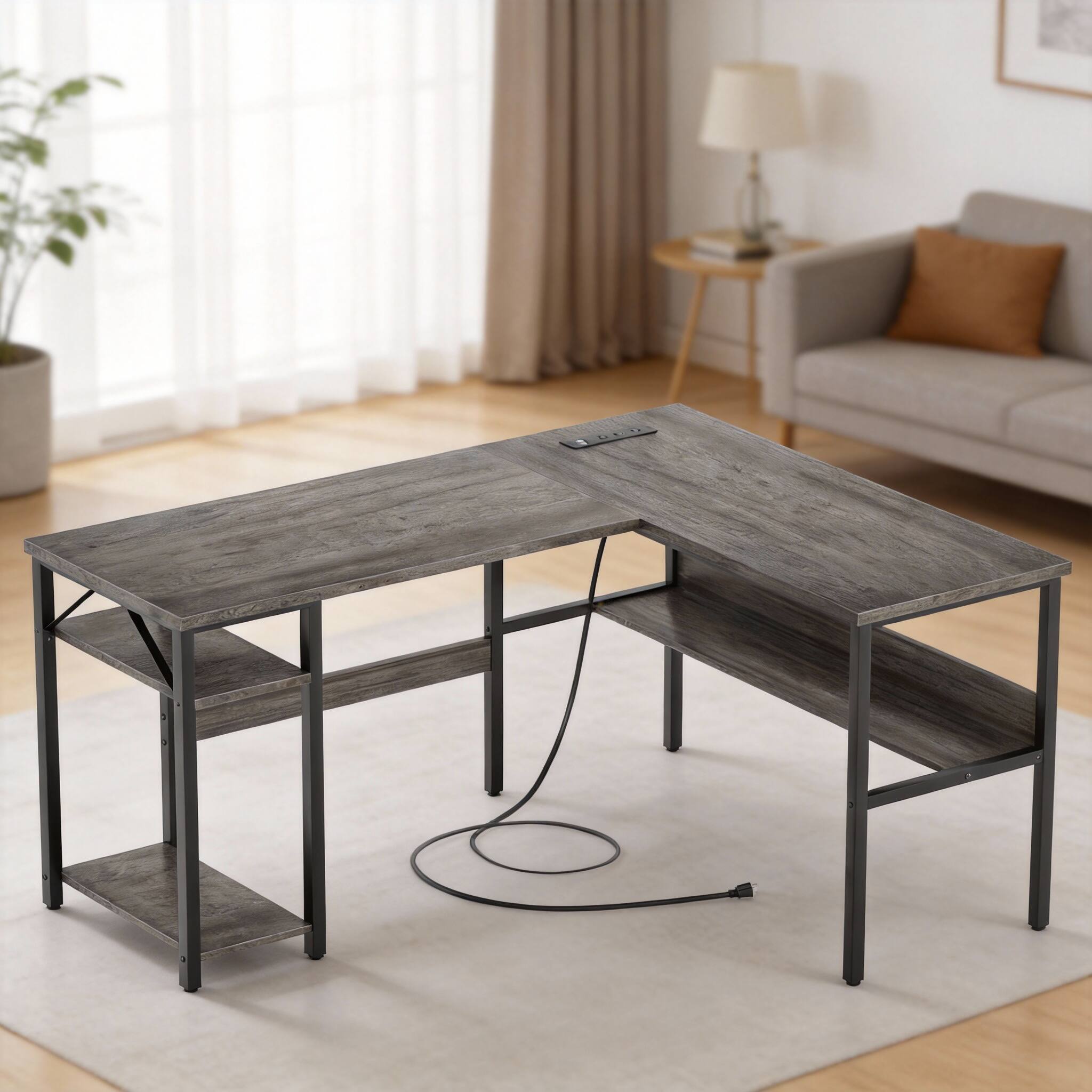 Alt View 2. Frangdom - Reversible L Gaming Desk with Outlets USB Shelf Corner Office - Gray Oak L Shaped Desk 3 configs 3 outlets 2 USBs.