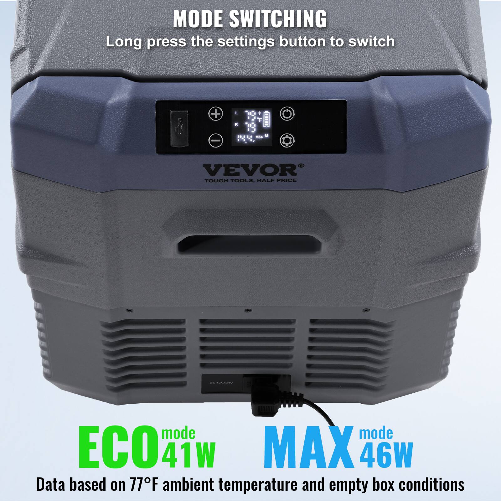 MODE SWITCHING Long press the settings button to switch + . . - + I MAE . . VEVOR TOUGH TOOLS. HALF PRICE I Tode mode mode ECO 41W MAX 46W Data based on 77F ambient temperature and empty box conditions