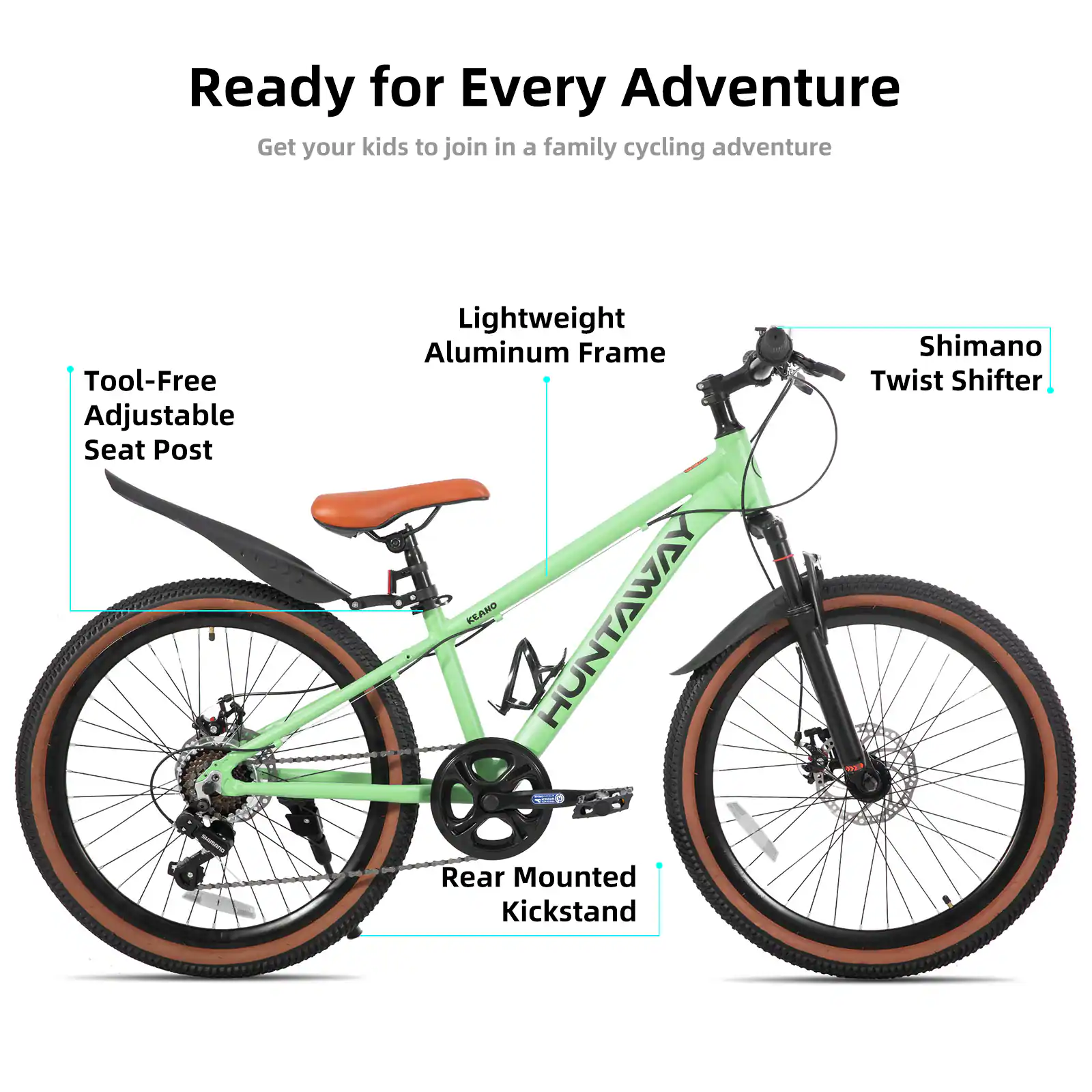 Ready for Every Adventure  
Get your kids to join in a family cycling adventure  

- Tool-Free Adjustable Seat Post  
- Lightweight Aluminum Frame  
- Shimano Twist Shifter  
- Rear Mounted Kickstand