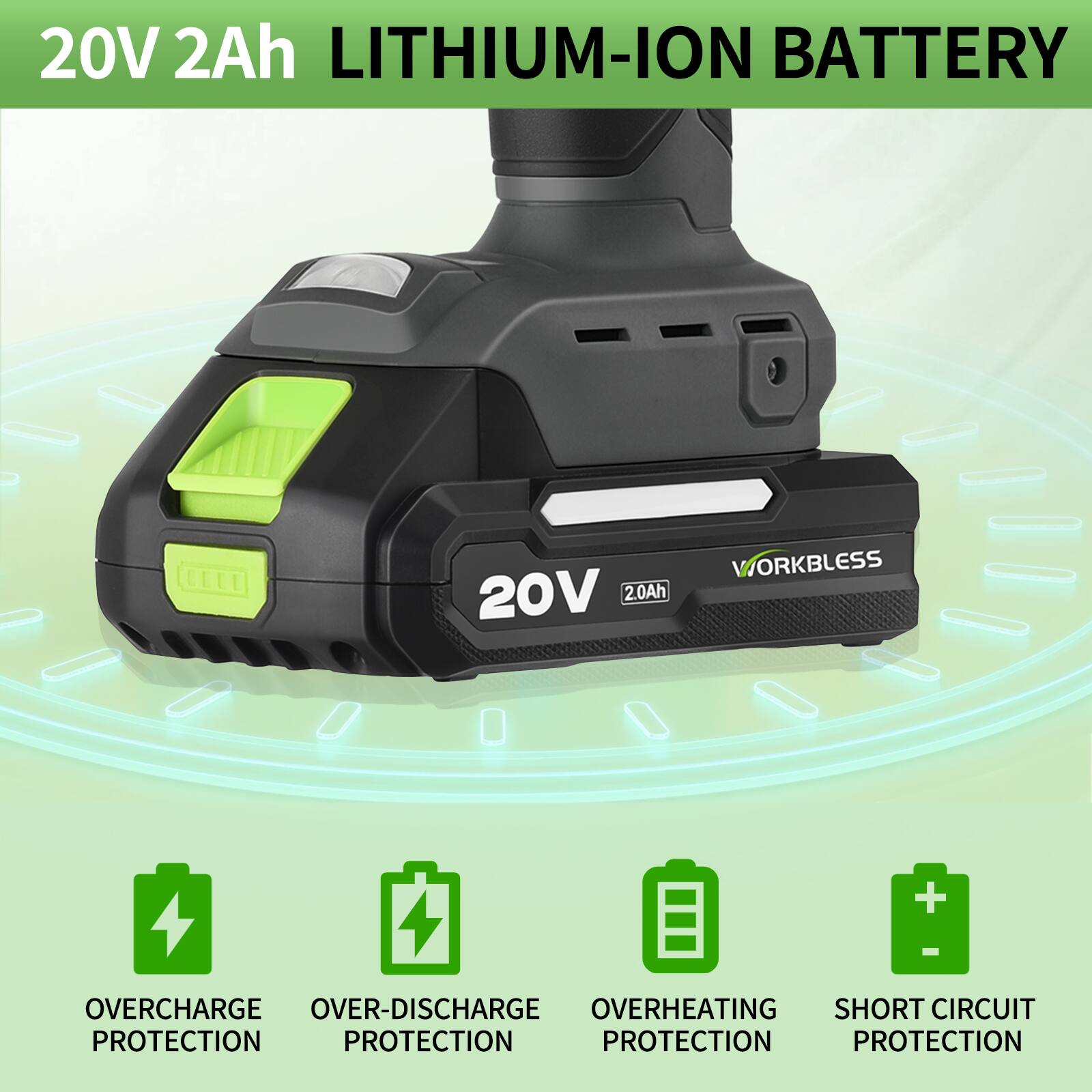 20V 2Ah LITHIUM-ION BATTERY

- OVERCHARGE PROTECTION
- OVER-DISCHARGE PROTECTION
- OVERHEATING PROTECTION
- SHORT CIRCUIT PROTECTION