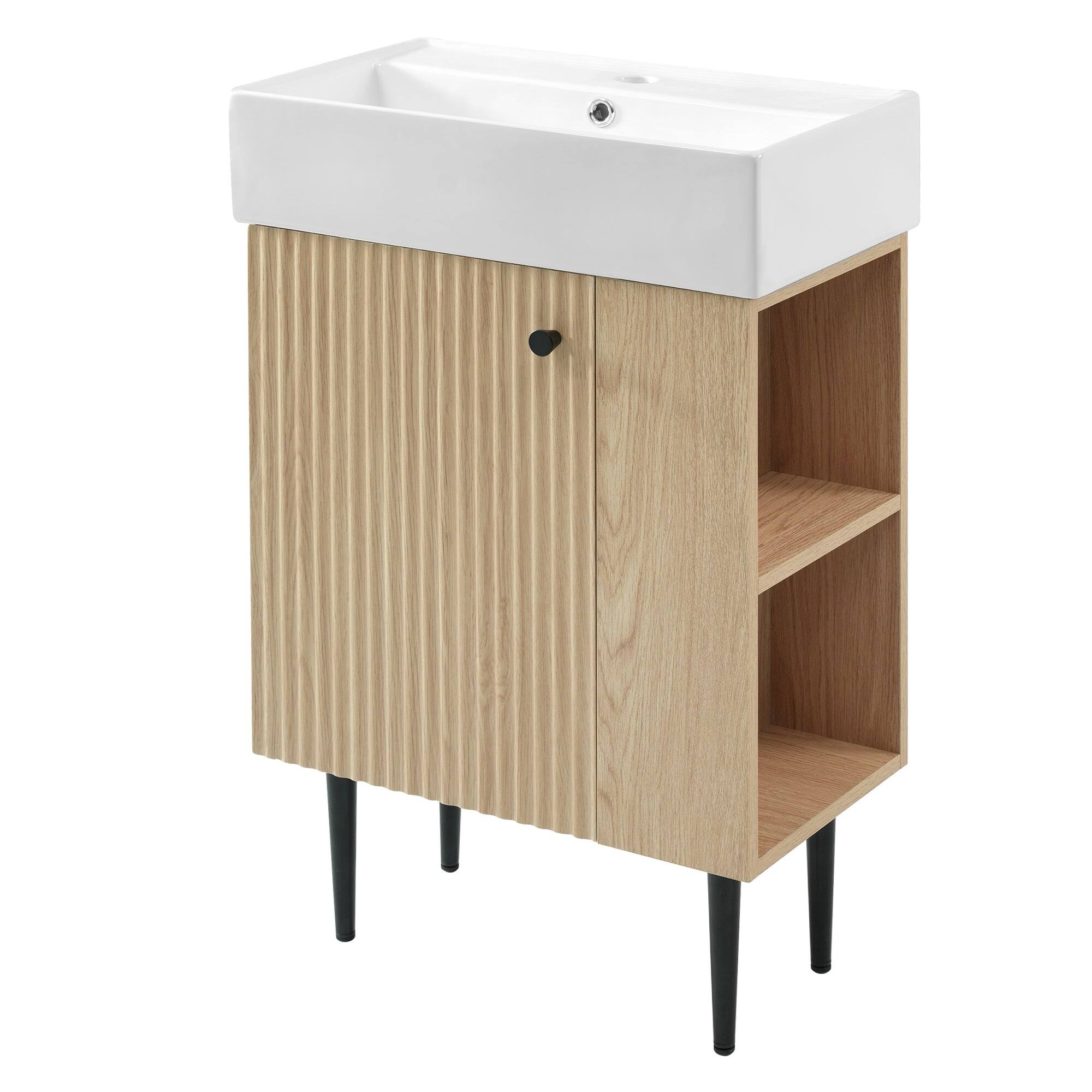 Left. Boyel Living - 21.6 Inch Wood Bathroom Vanity with Ceramic Sink, Right Side Storage, Soft-Close Door - Wood.