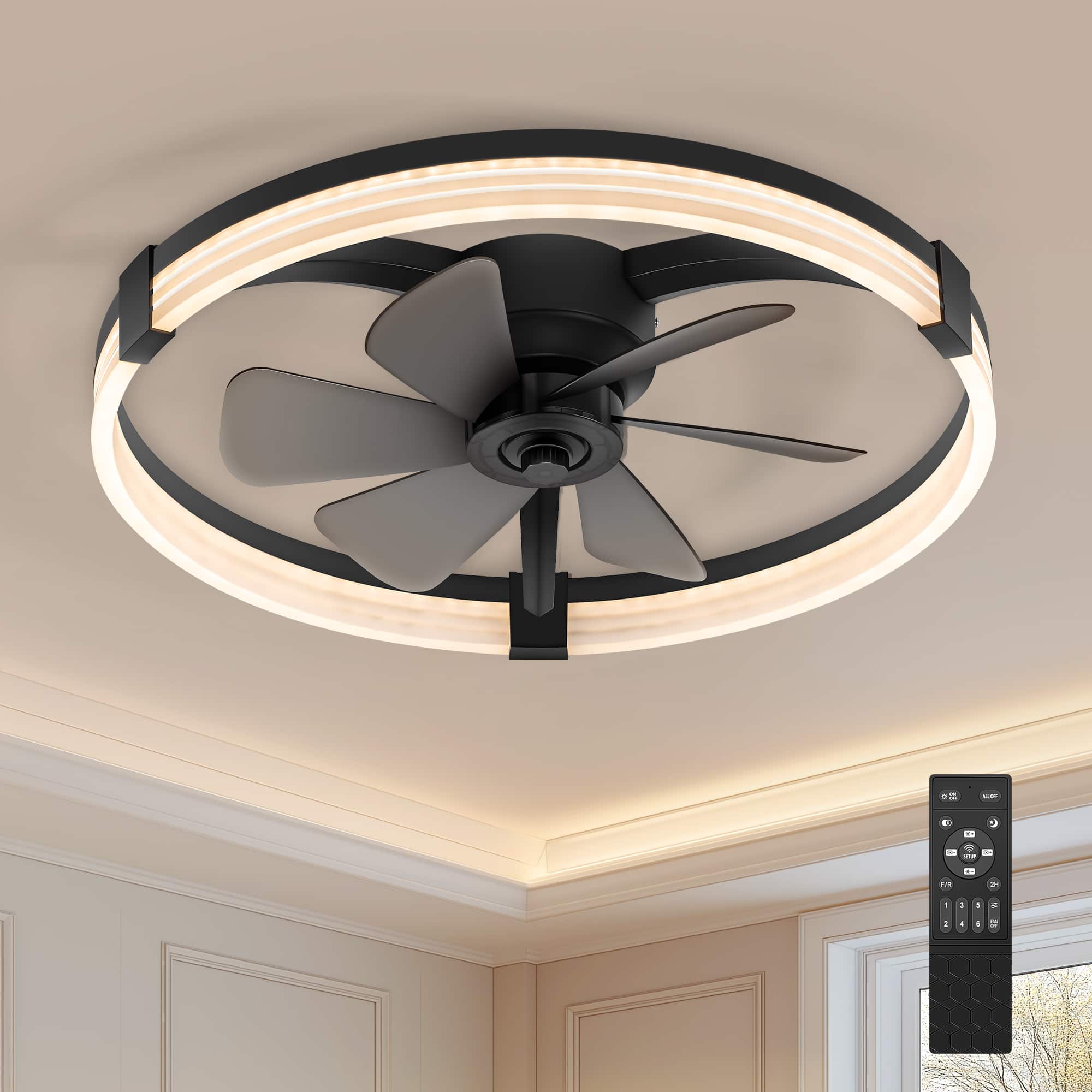 Breezary - 23-Inch Flush Mount Detachable Enclosed Ceiling Fan - LED Ring Light, Remote, 6 Speeds, Dimmable & Reversible DC Motor - Black and Slate Blue