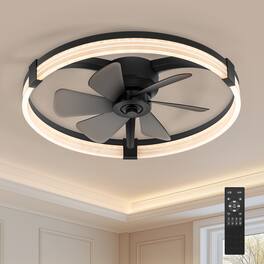 Breezary - 23-Inch Flush Mount Detachable Enclosed Ceiling Fan - LED Ring Light, Remote, 6 Speeds, Dimmable & Reversible DC Motor - Black and Slate Blue