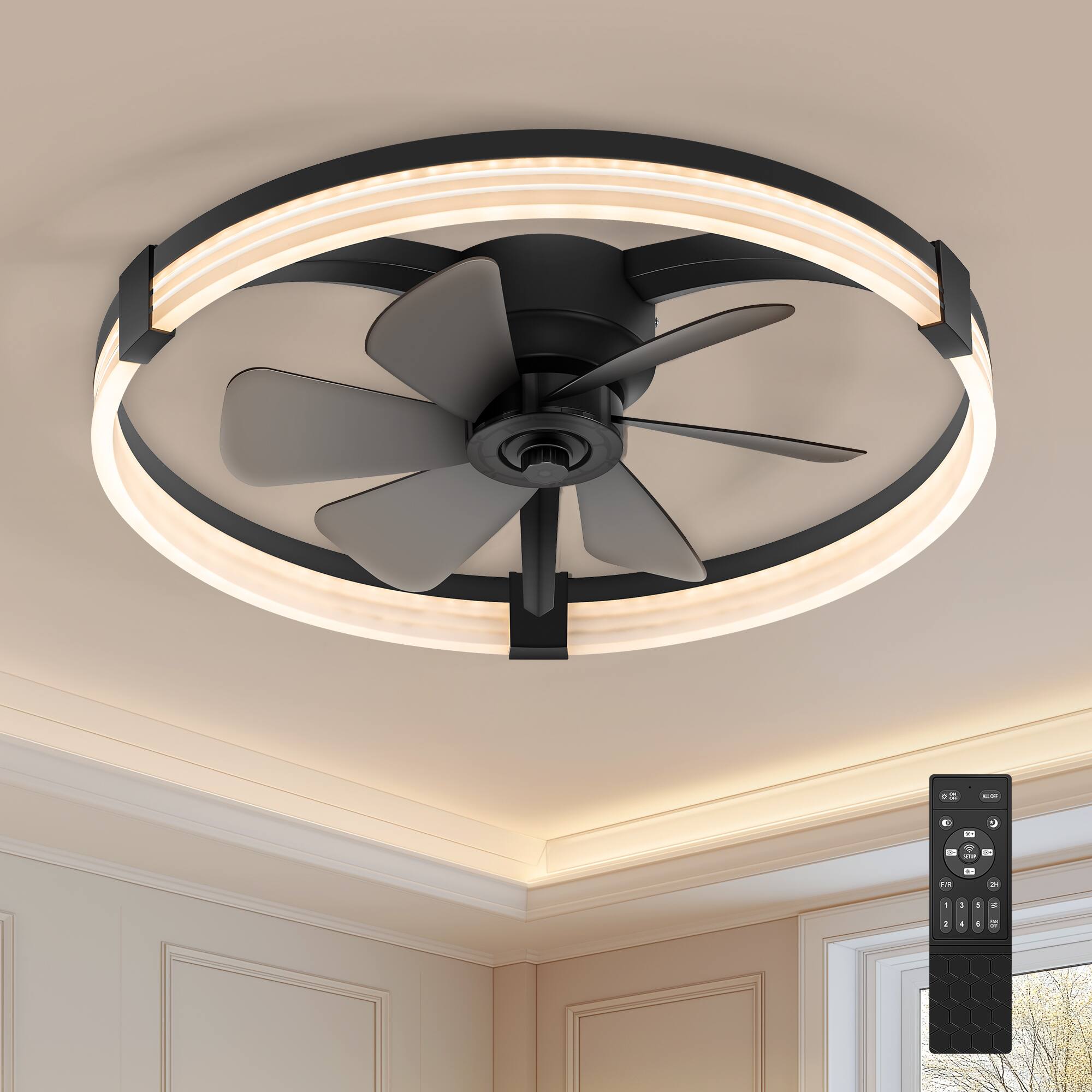Front. Breezary - 23-Inch Flush Mount Detachable Enclosed Ceiling Fan - LED Ring Light, Remote, 6 Speeds, Dimmable & Reversible DC Motor - Black and Slate Blue.