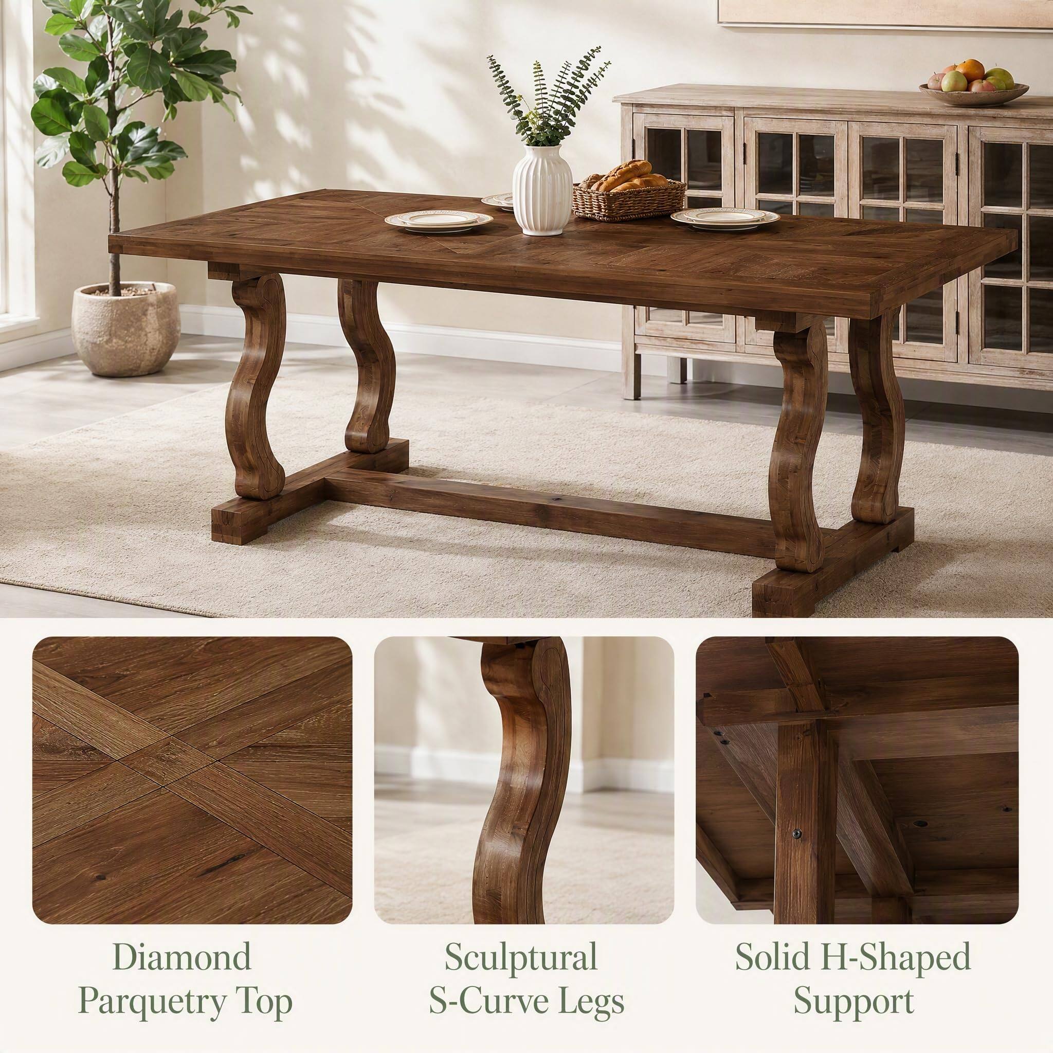 Diamond Parquetry Top  
Sculptural S-Curve Legs  
Solid H-Shaped Support