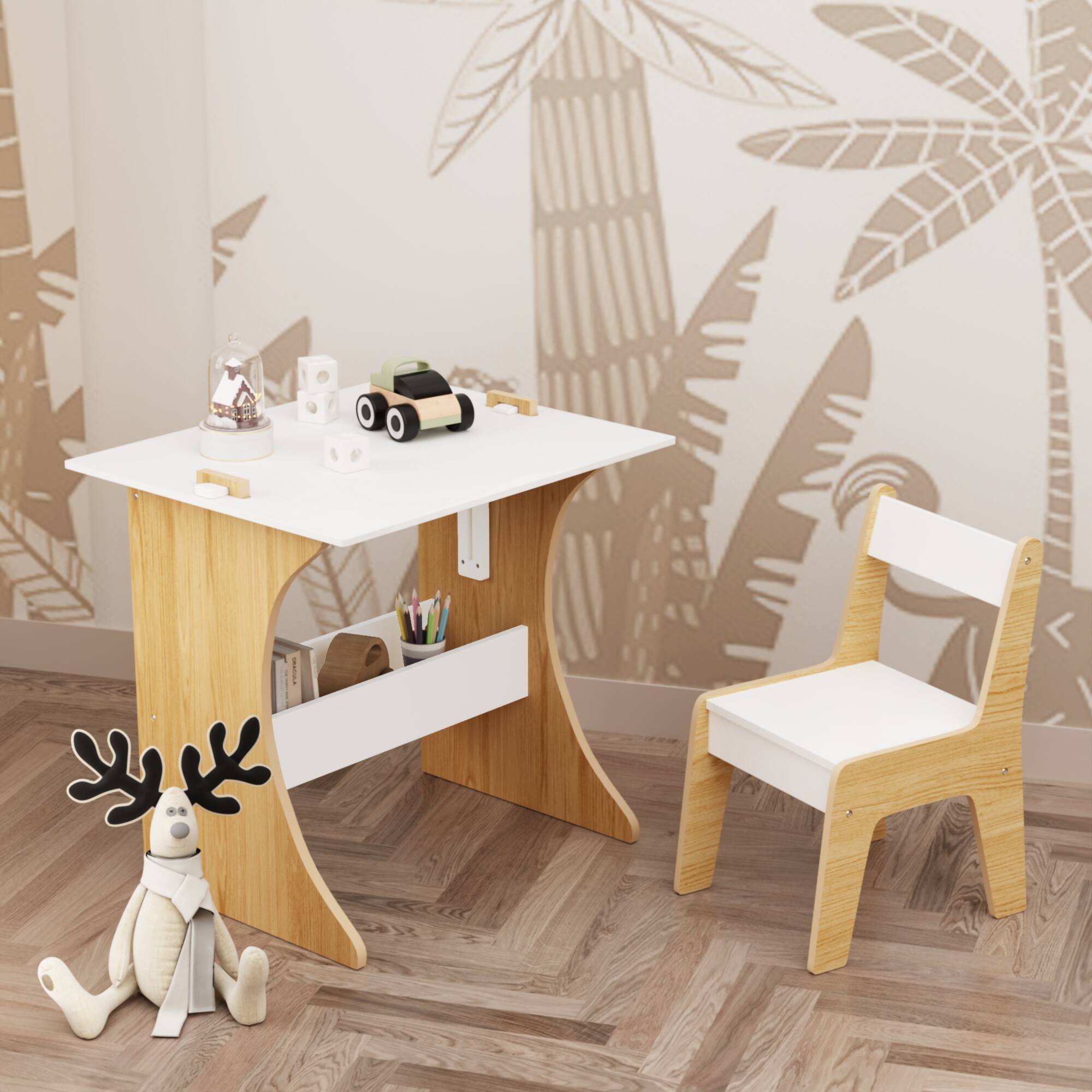 Alt View 1. Tiramisubest - Kids Table Set with Chair,Multifunctional Wooden Children Study Table-Convertible Tabletop for Drawing & Play,Natural - White.