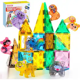 Joyfy - 50PCS Magnetic Tiles Jungle Animal Set for Kids, Educational STEM Toy for Boys & Girls Ages 3-5 4-8, Xmas Birthday Party
