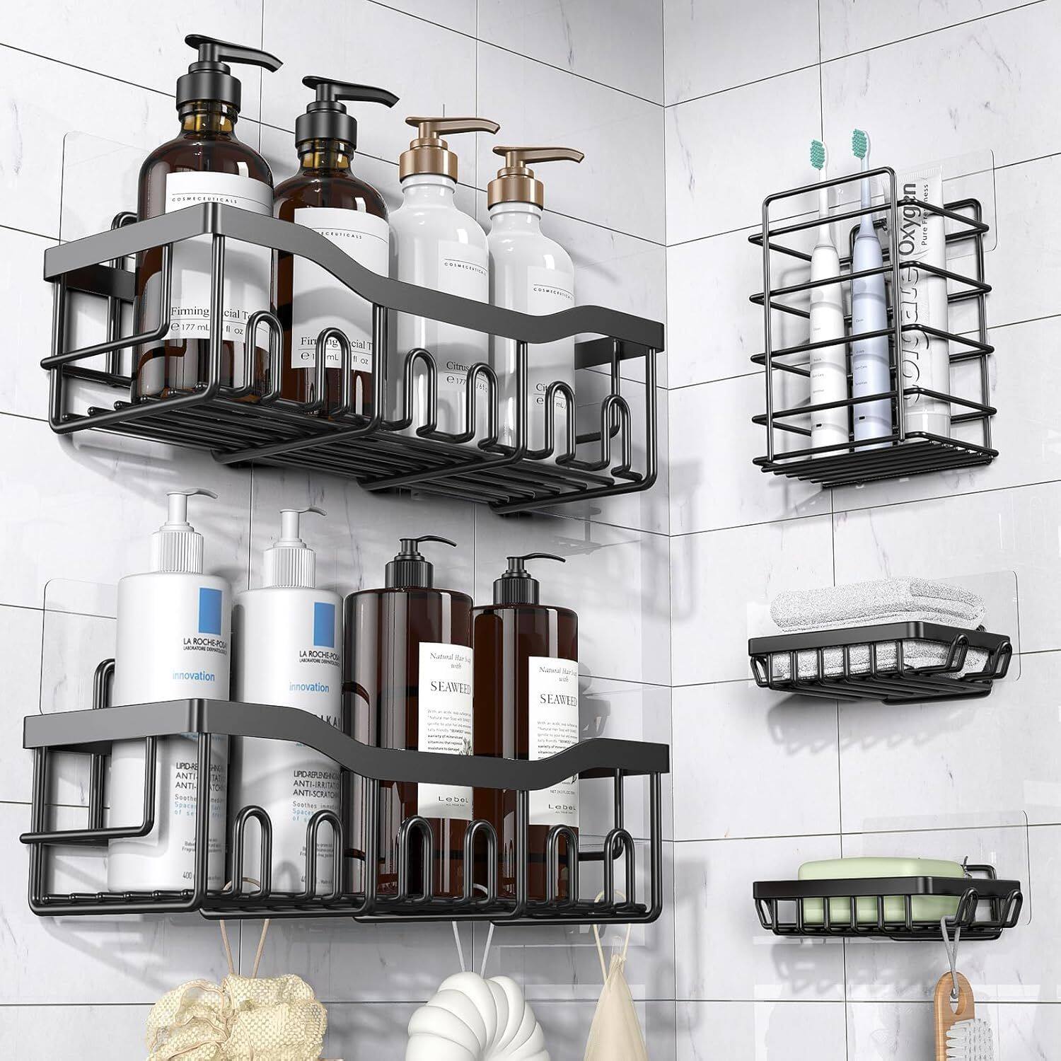 Mirfee - Stainless Steel Shower Caddy 5-Pack, No-Drill Adhesive Rustproof Bath Shelves - Black