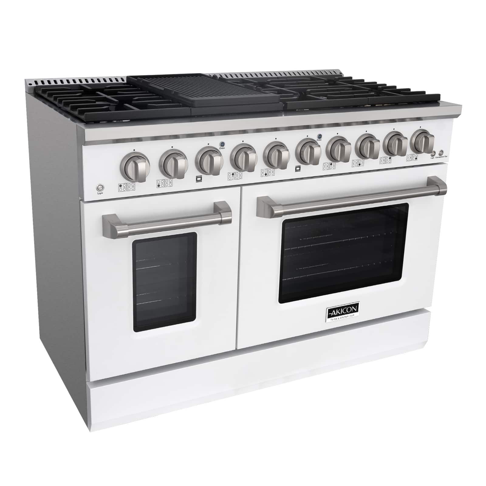 Akicon - 6.7 Cu.ft Slide-in Freestanding Gas Convection Range with 6 Burners and Cast Iron Grates in White&Stainless Steel - White&Stainless Steel