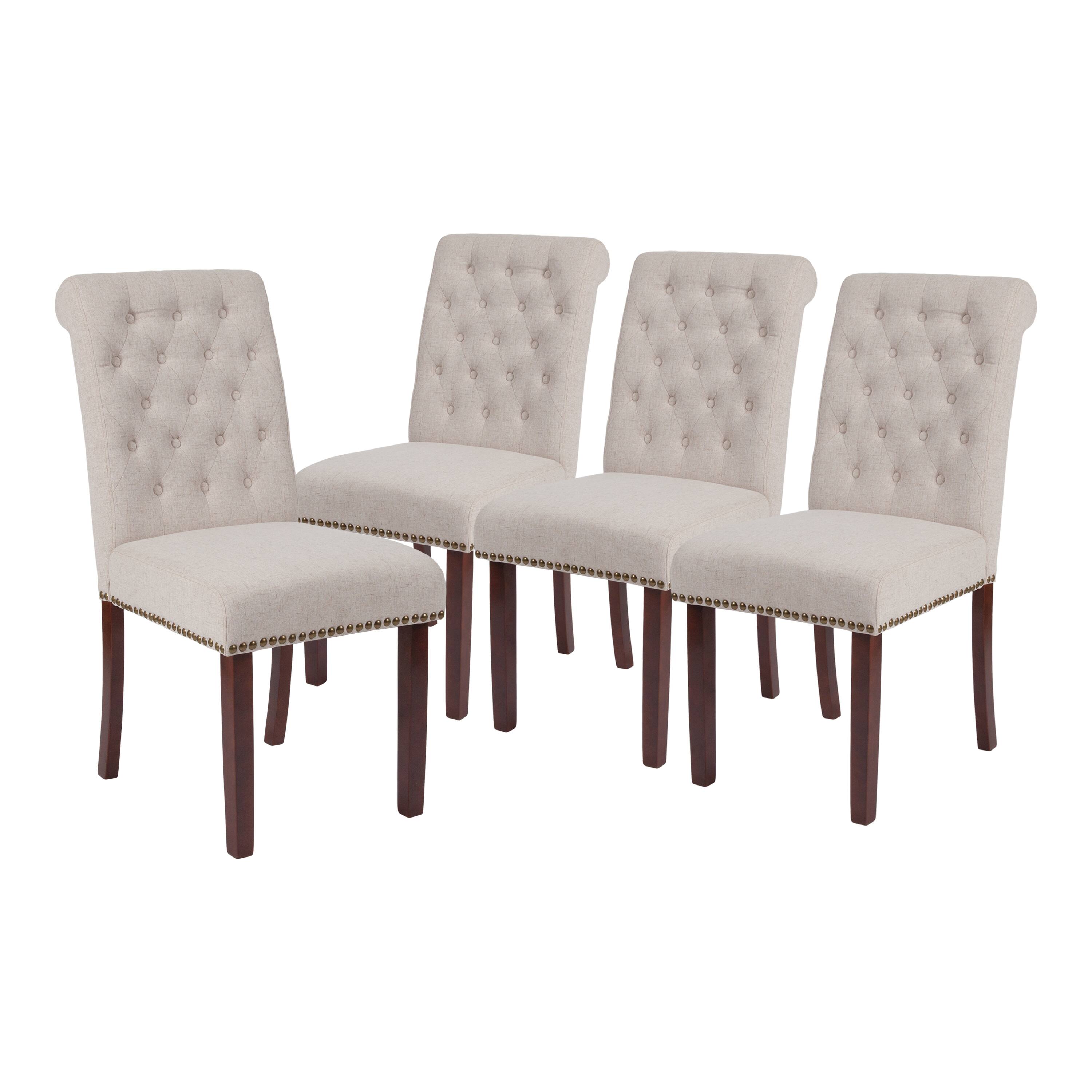 Alt View 1. Emma + Oliver - Upholstered Rolled Back Parsons Chair with Nailhead Trim & Finished Frame with Plastic Floor Glides - Beige Fabric.