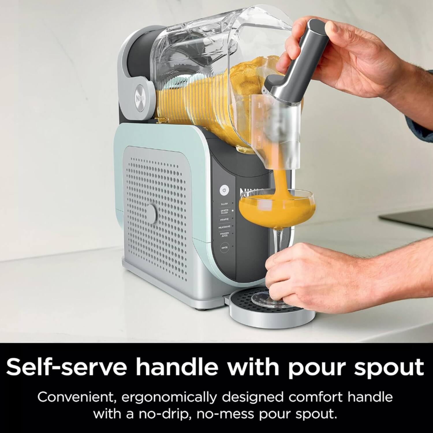 Self-serve handle with pour spout  
Convenient, ergonomically designed comfort handle with a no-drip, no-mess pour spout.
