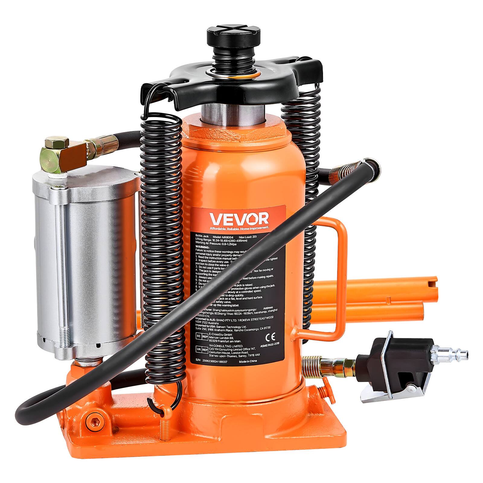 VEVOR - Air Hydraulic Bottle Jack, 20 Ton (44092 lbs) Capacity, 10.2-19.5 Inch Lifting Range, Pneumatic/Manual Heavy Duty - Orange