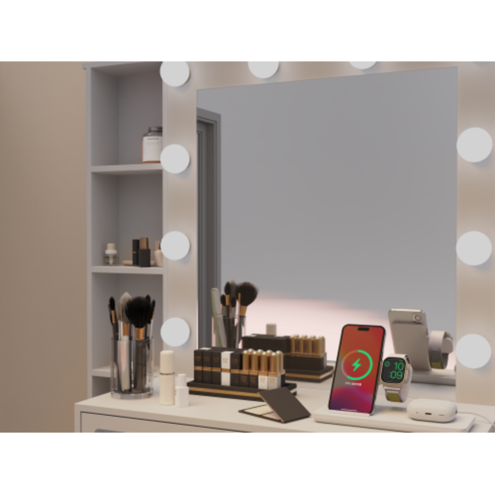 Alt View 1. LUCKY ONE - Vanity Desk with Lighted Mirror, Charging Station, 7 Drawers and Open Shelves for Bedroom - White.