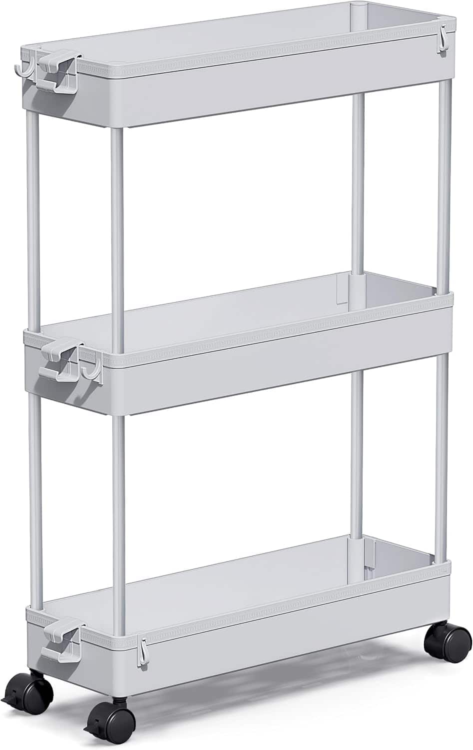 Wikistore - Slim Rolling Storage Cart, 3-Tier Bathroom Organizer for Kitchen, Office, Laundry - Gray