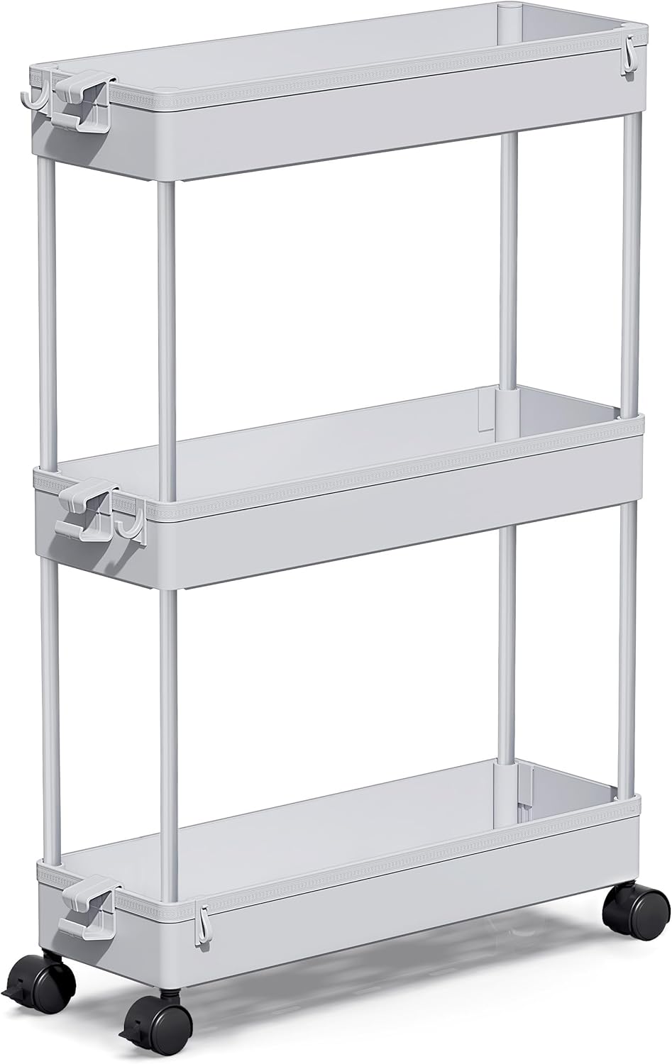 Wikistore - Slim Rolling Storage Cart, 3-Tier Bathroom Organizer for Kitchen, Office, Laundry - Gray