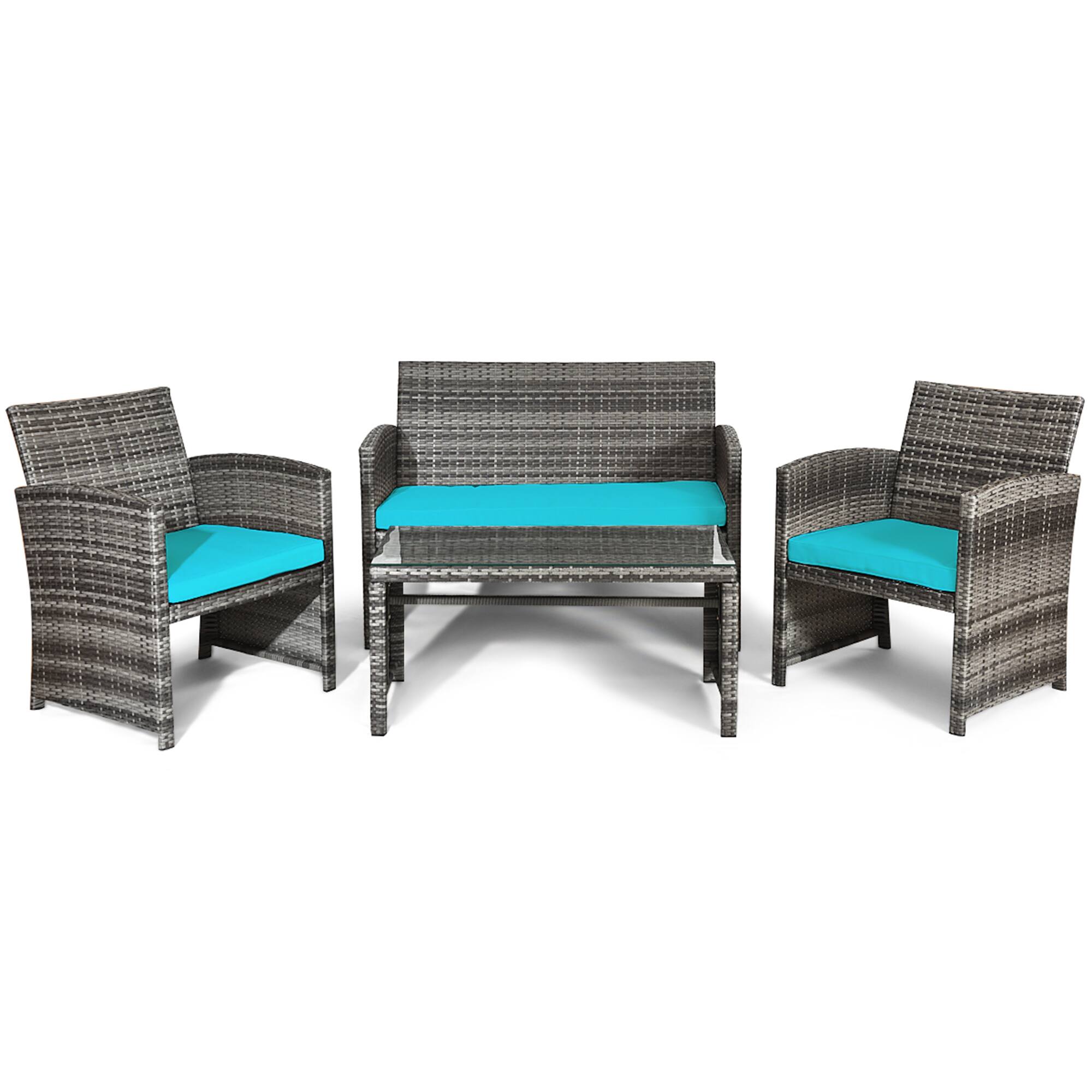 Alt View 4. Gymax - Gymax 4PCS Patio Outdoor Rattan Conversation Furniture Set w/ Turquoise Cushion - as pic.