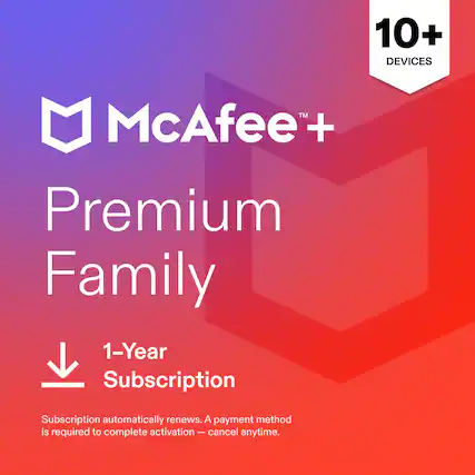 10+ DEVICES
McAfee + Premium Family 1-Year Subscription
Subscription automatically renews. A payment method is required to complete activation - cancel anytime.