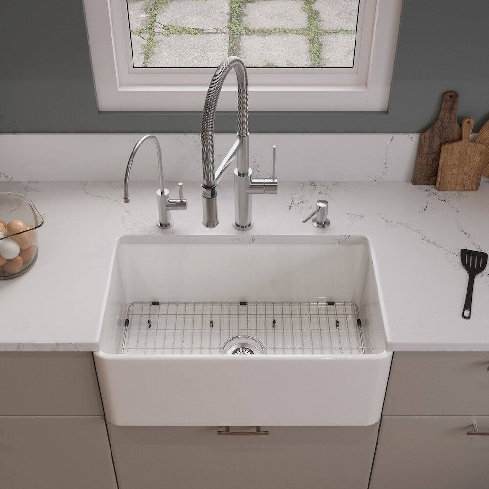Left. Alfi - ABF3018 30" White Thin Wall Single Bowl Smooth Apron Fireclay Kitchen Farm Sink - White.