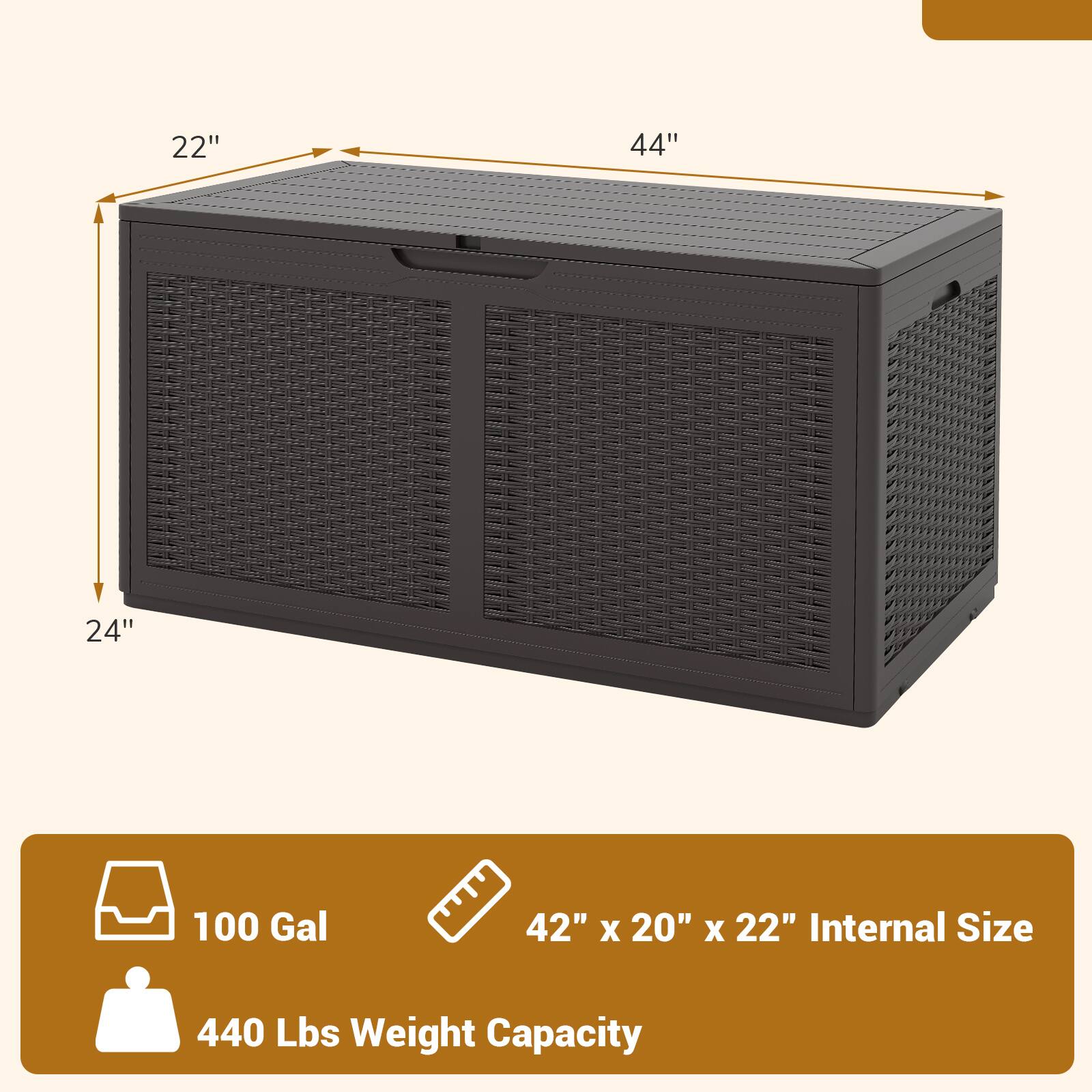 22" 44" 24" 100 Gal 42" X 20" X 22" Internal Size 440 Lbs Weight Capacity