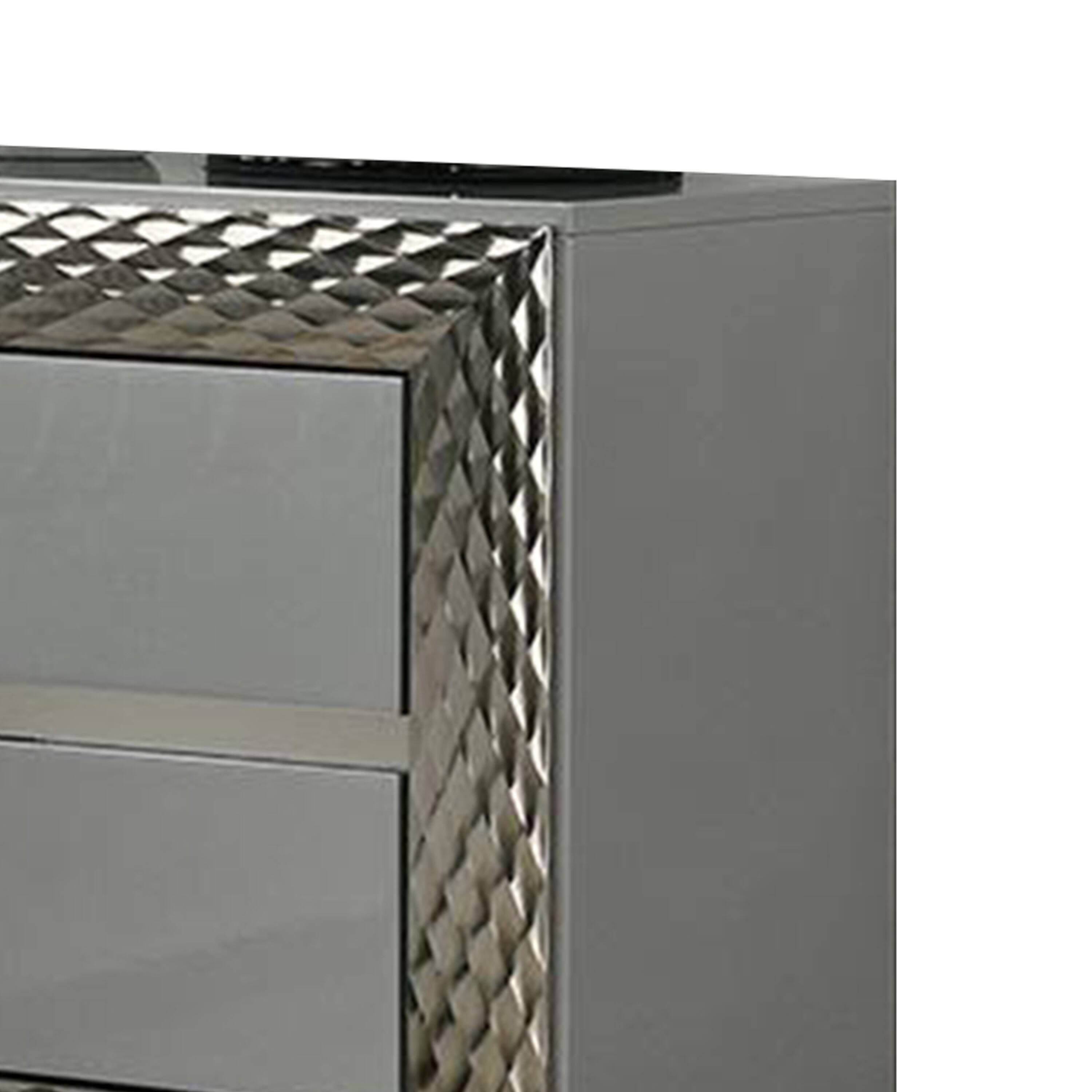 Alt View 2. Manhattan Lane - Vino 2 Drawer Nightstand, Plinth Base Gray Wood wity Silver Trim - Gray, Silver.