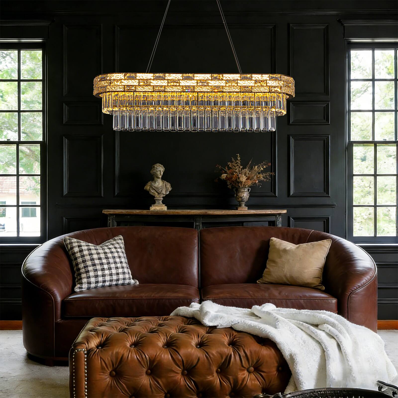 Angle. Siljoy - 35.4 Inch 5-Tier Gold Crystal Chandelier Dimmable LED Rectangular Pendant Light for Dining Room and Kitchen Island - Gold.