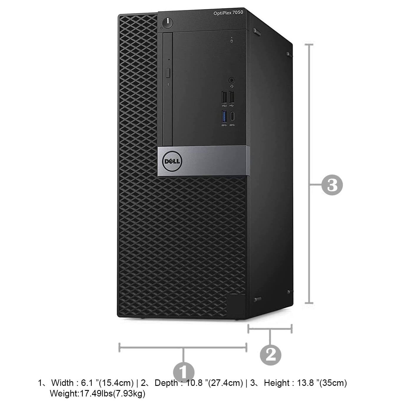 OptiPlex 7050

1. Width: 6.1" (15.4cm)
2. Depth: 10.8" (27.4cm)
3. Height: 13.8" (35cm)

Weight: 17.49lbs (7.93kg)