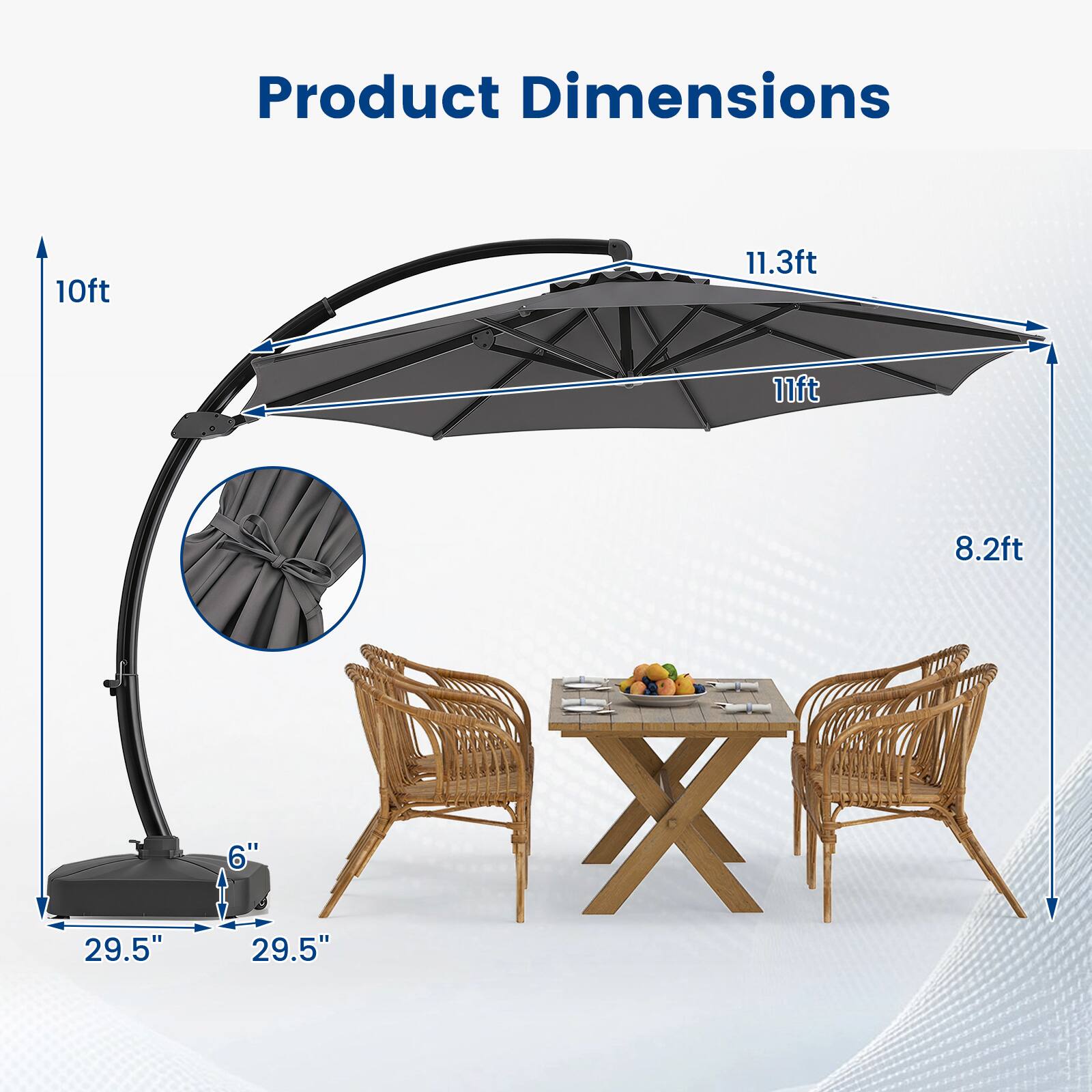 Product Dimensions

- 10ft
- 11.3ft
- 11ft
- 8.2ft
- 29.5"
- 6"
- 29.5"