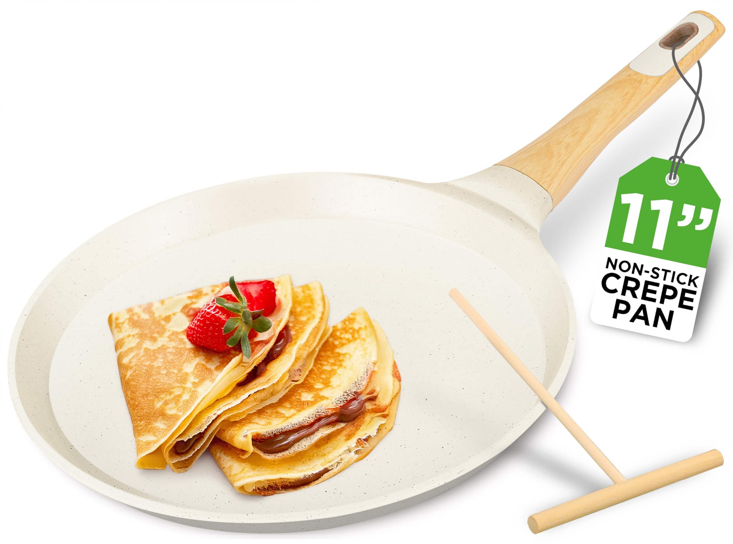 NutriChef - 11” Non-Stick Crepe Pan, Marble Coated, Wooden Spreader, Induction Bottom, White (NCMKCP002411WT) - Cream