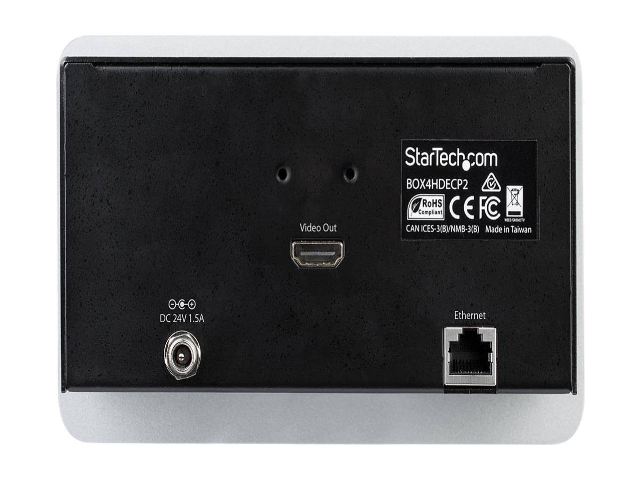 Video Out  
StarTech.com  
BOX4HDECP2  
RoHS Compliant  
CE FC  
CAN ICES-3(B)/NMB-3(B)  
Made in Taiwan  
DC 24V 1.5A  
Ethernet