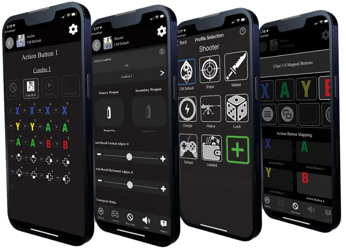 The text on the image can be grouped and corrected as follows:
1. Action Button Mapping:
* X A Y E Action Button Mapping
* Action Button 1
* Action Button 2
* Action Button 3
* Action Button 4
2. Testfight Shooter Default:
* Default Loadout 1/4
* Primary Weapon
* Secondary Weapon
* Regular Fire
* Anti-Recoil
* Vertical Adjust: +
* Horizontal Adjust: +
* Gamepack MODs
3. Testfight Selection:
* Profile
* Shooter
* Melee
* CM Default
* Snipe
* Charge
* Heavy
* Luck
The image shows four different views of a cell phone screen, each displaying various buttons and settings related to the Testfight Shooter game.