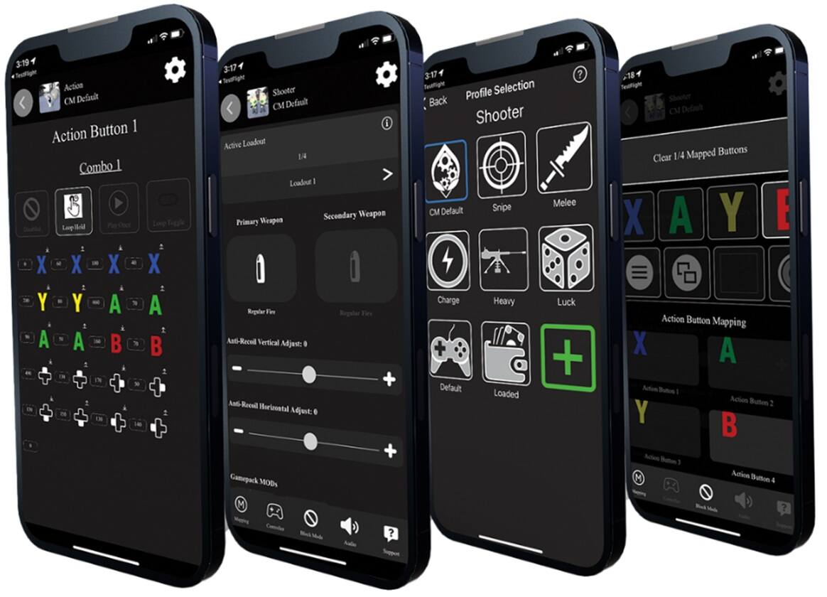 The text on the image can be grouped and corrected as follows:

1. Action Button Mapping:
* X A Y E Action Button Mapping
* Action Button 1
* Action Button 2
* Action Button 3
* Action Button 4
2. Testfight Shooter Default:
* Default Loadout 1/4
* Primary Weapon
* Secondary Weapon
* Regular Fire
* Anti-Recoil
* Vertical Adjust: +
* Horizontal Adjust: +
* Gamepack MODs
3. Testfight Selection:
* Profile
* Shooter
* Melee
* CM Default
* Snipe
* Charge
* Heavy
* Luck

The image shows four different views of a cell phone screen, each displaying various buttons and settings related to the Testfight Shooter game.