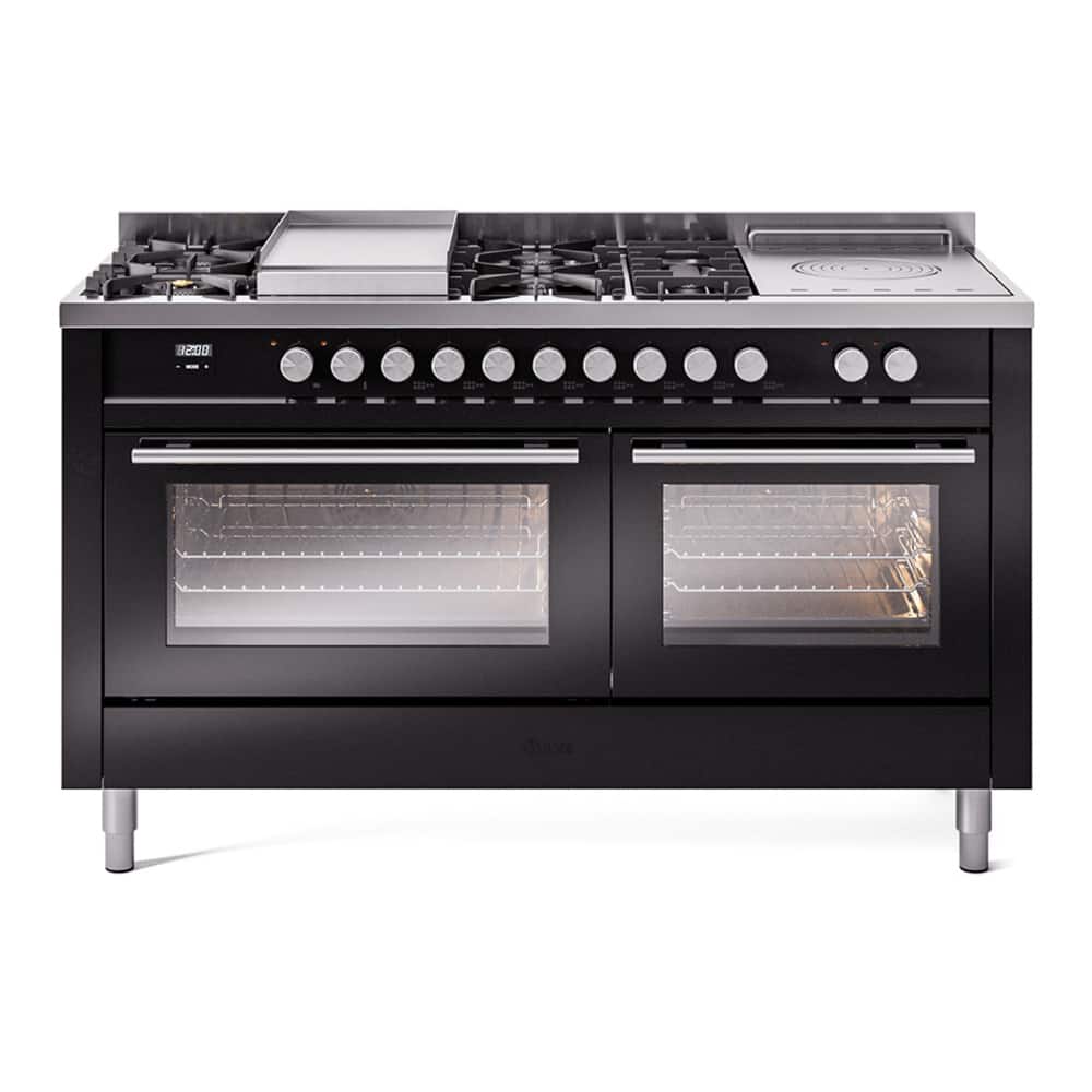 ILVE - Professional Plus II 60 inch Dual Fuel Range with 7 Burners + Griddle (Natural Gas, Glossy Black) - Glossy Black