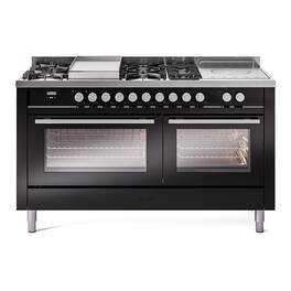 ILVE - Professional Plus II Series 60 in. Dual Fuel Range with 7 Sealed Burners + Griddle (Liquid Propane, Satin Trim) - Glossy Black