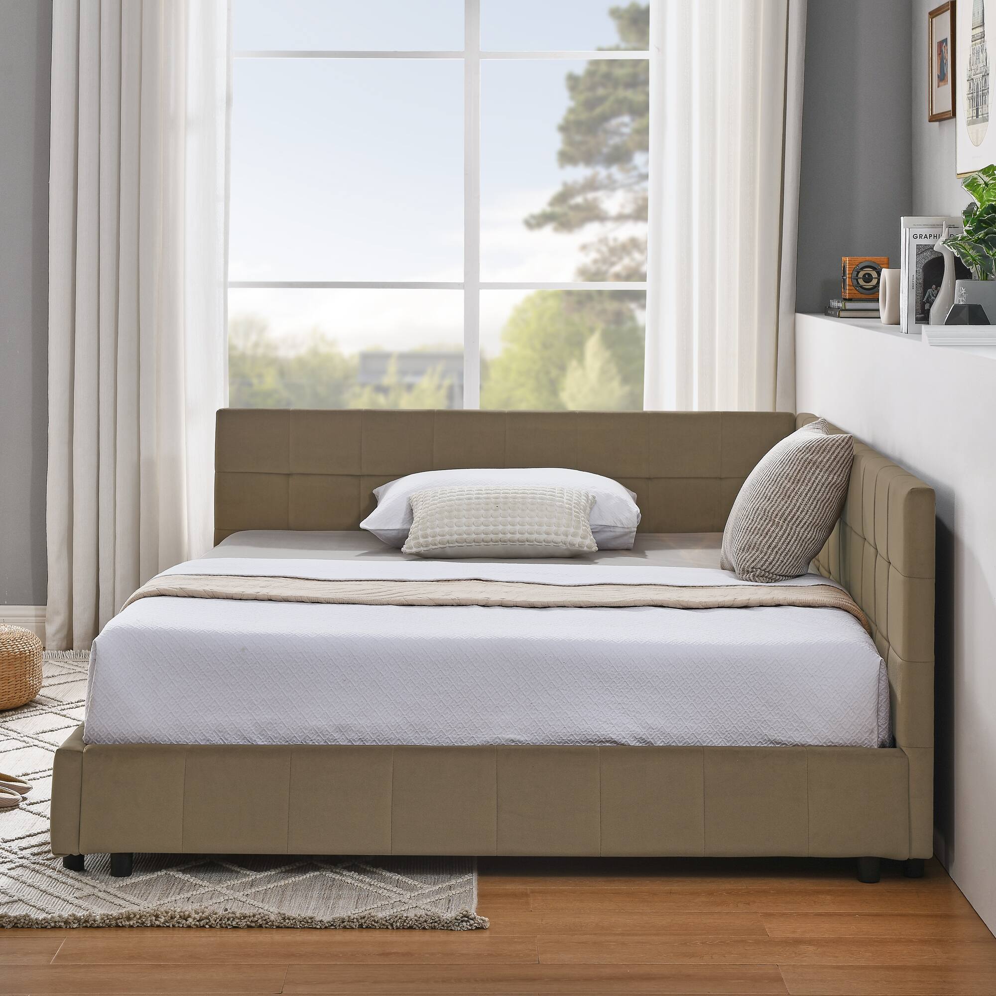 Angle. Anysun - Full Velvet Tufted Sofa Bed Frame - with Comfortable Backrest & Armrests for Bedroom or Living Room - Brown.