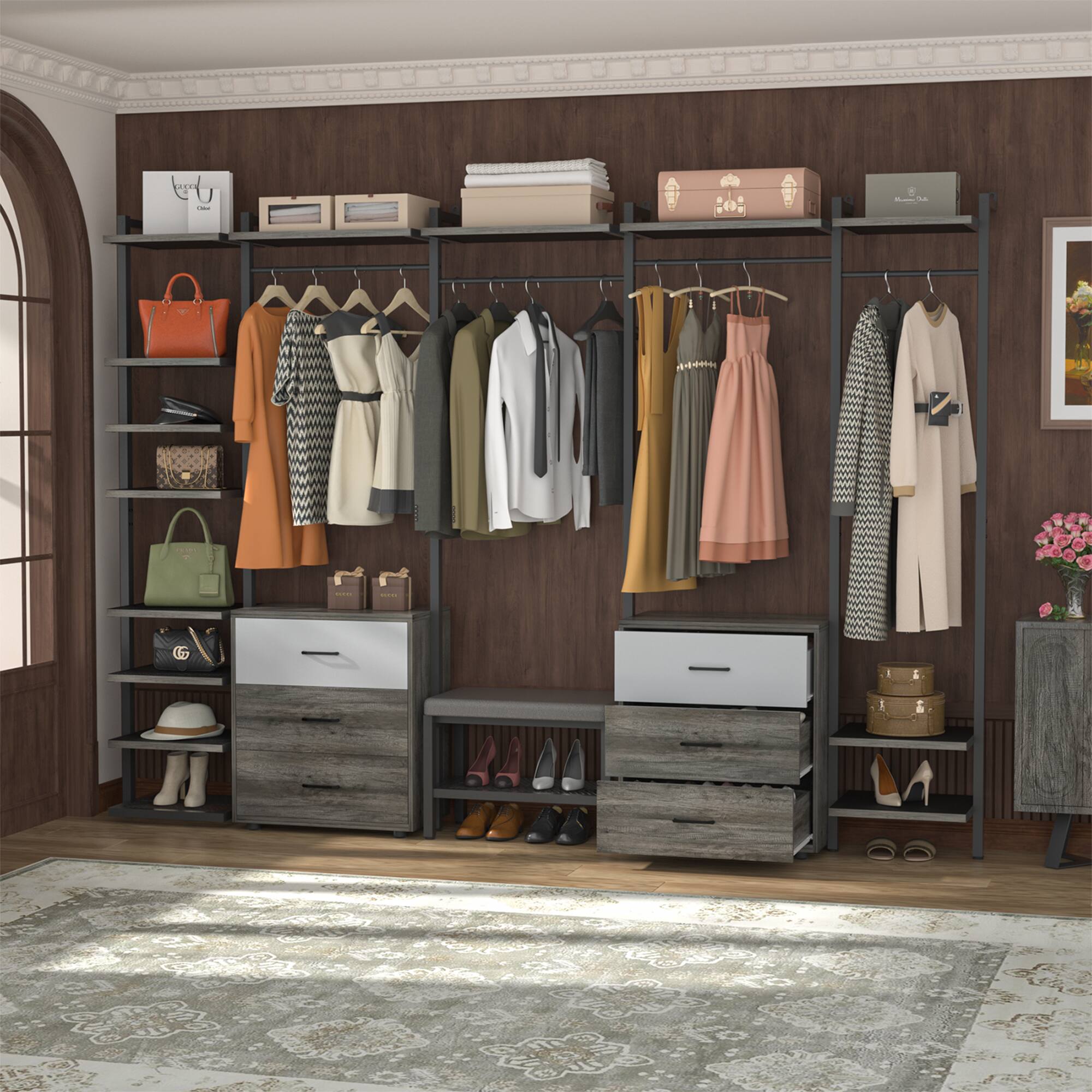 Left. Aheaplus - 8FT Wood Closet Organizer with 6 Drawers and Hanging Rack for Bedroom Storage - Black Oak.