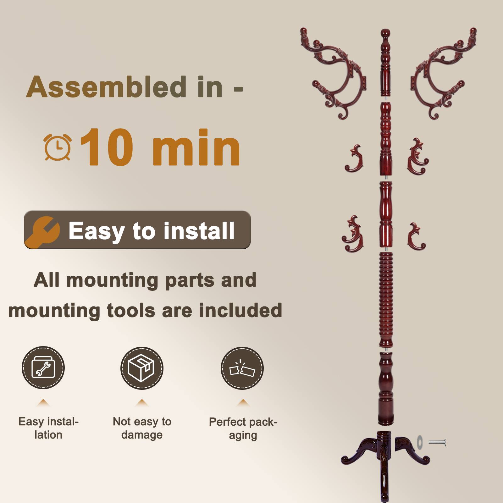Alt View 2. Chateau Abodes - Solid Wood Coat Rack, Free Standing Hall Coat Tree with 14Hooks, 3 Height Options, 300lbs Load, Stury Base - Rosewood - Tri-legged.