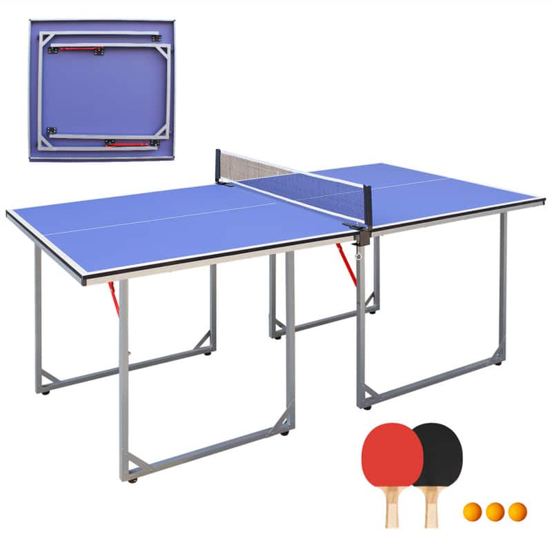 HTUTWOO - 6ft Mid-Size Foldable Portable Ping Pong Table Set for Indoor & Outdoor Use - Includes Net, 2 Table Paddles & 3 Ball - Blue+Silver