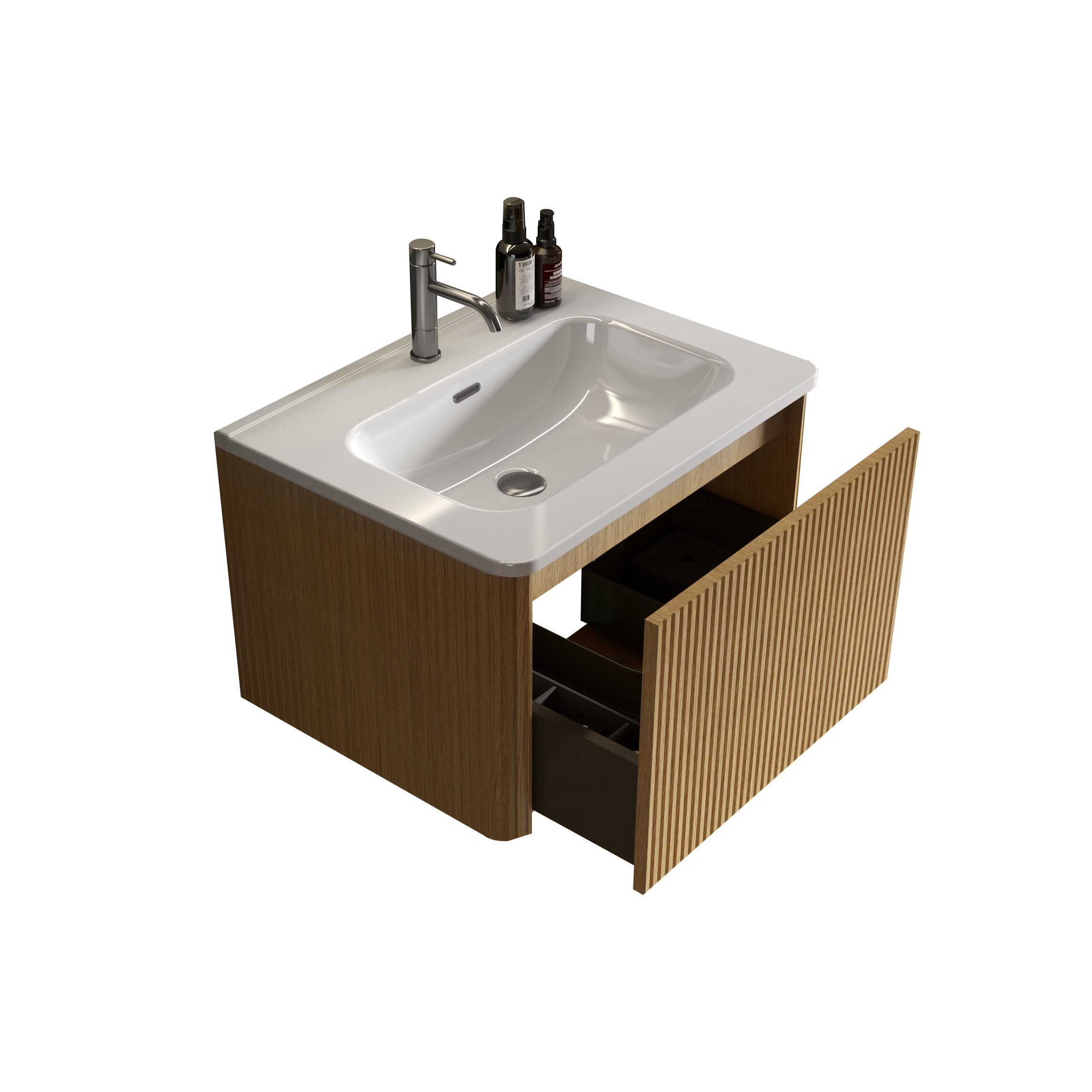 Alt View 3. Boyel Living - 24 Inch Striped Natural Oak Wall Mounted Floating Bathroom Vanity with White Ceramic Sink, Modern Style, Pre-Assembled - White+Oak.