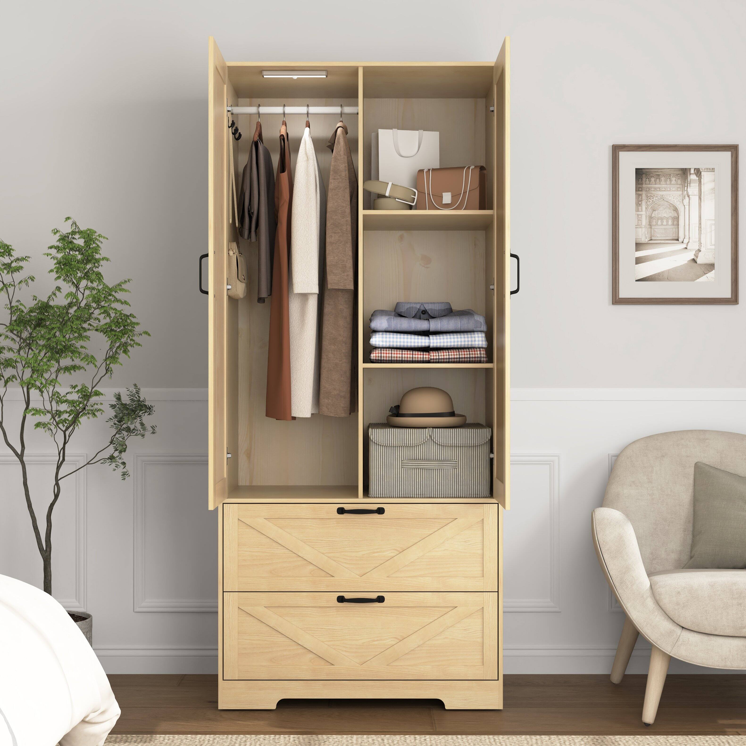 Back. MERAVOM - Wooden Armoire Wardrobe with Mirror and 2 Drawers, 2 Doors, 71.7" Tall Freestanding Clothing Storage Cabinet for Bedroom - Natural.
