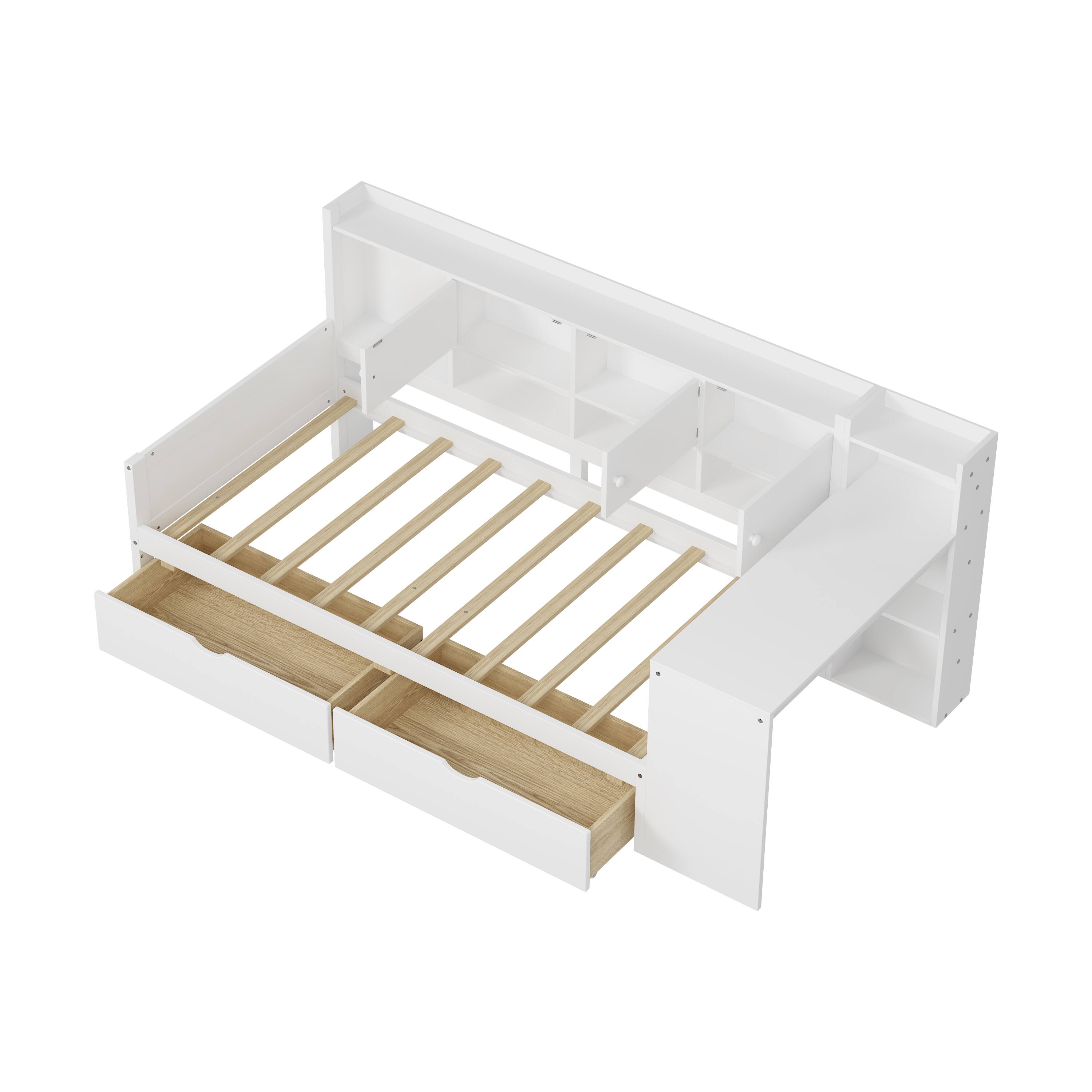 Alt View 2. Tiramisubest - Wooden L-Shape Daybed with Storage Cabinets and Drawers, Multi-functional Bed with Study Desk and Built-in Bookshelf - White.