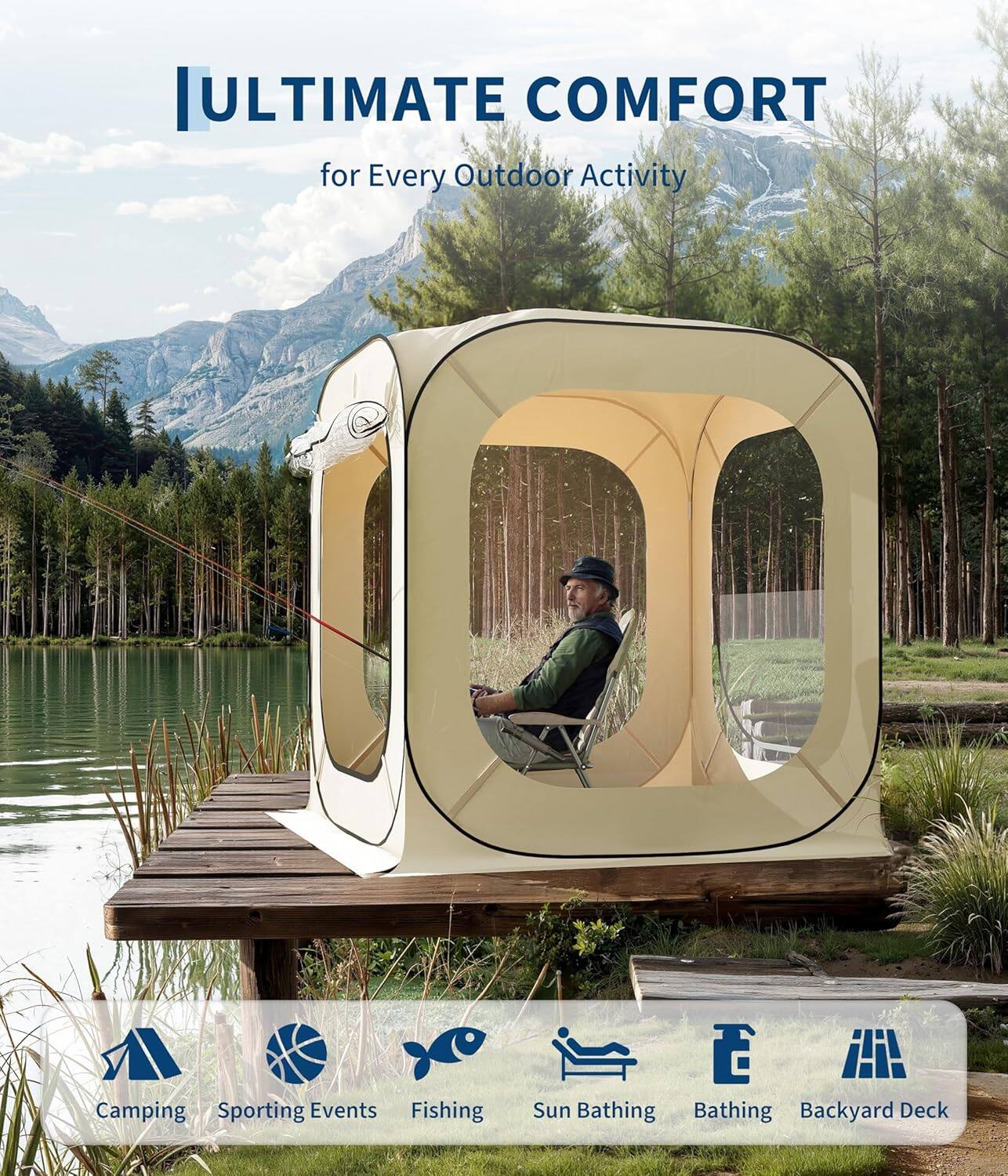 ULTIMATE COMFORT  
for Every Outdoor Activity  

Camping  
Sporting Events  
Fishing  
Sun Bathing  
Bathing  
Backyard Deck