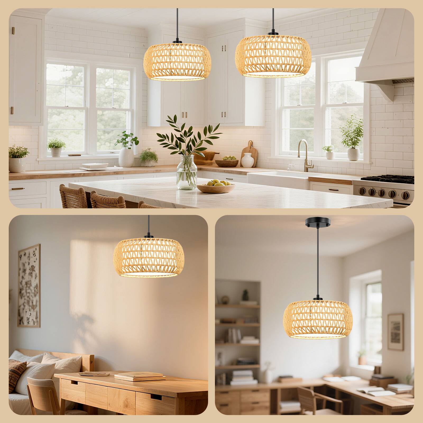 Alt View 7. Unique Bargains - Pendant Lights Plug in Pendant Light Hanging Lamp Boho Lamp Woven Rattan Pendant Lamp Shade for Kitchen Island - Golden.