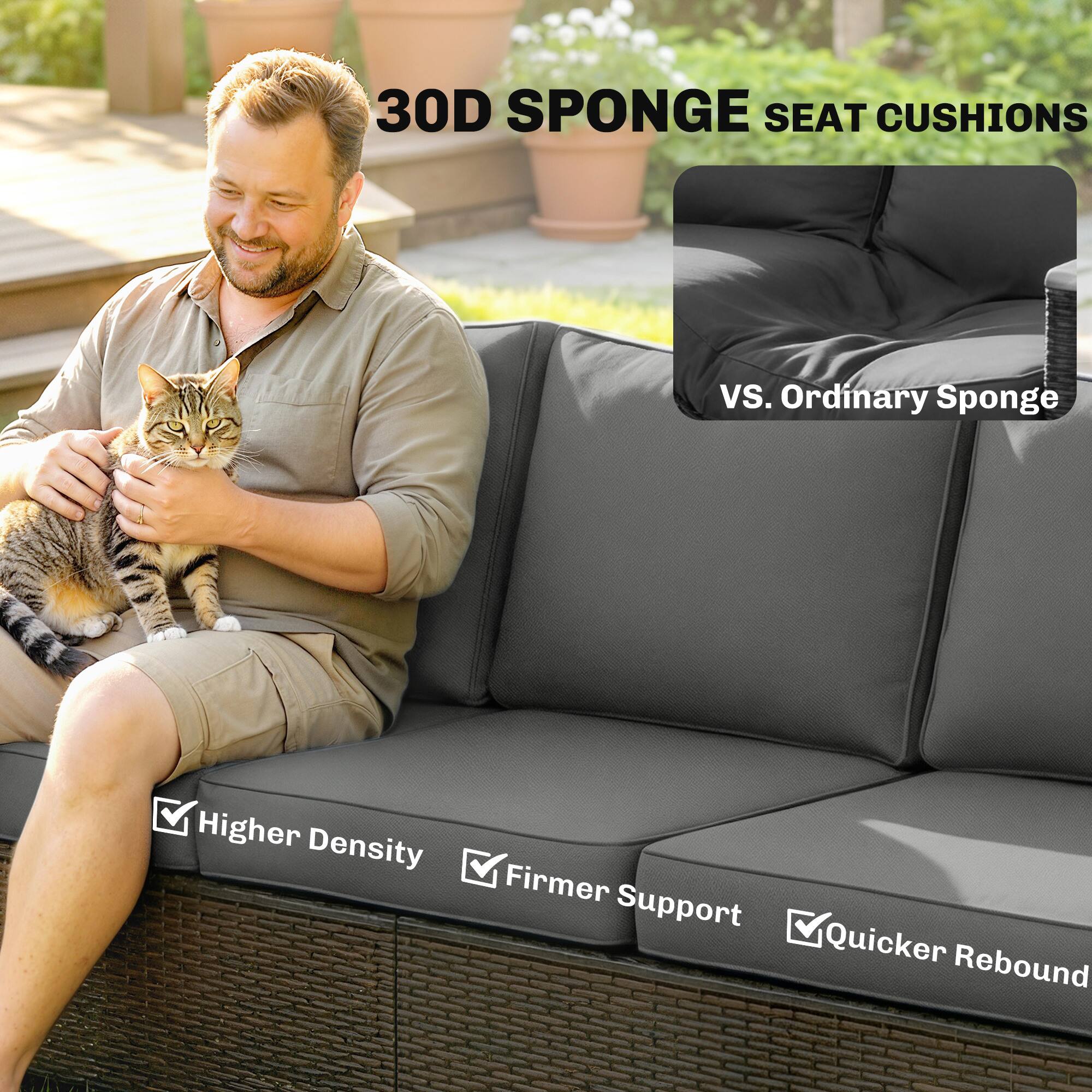 30D Sponge Seat Cushions  
VS. Ordinary Sponge  

Higher Density  
Firmer Support  
Quicker Rebound