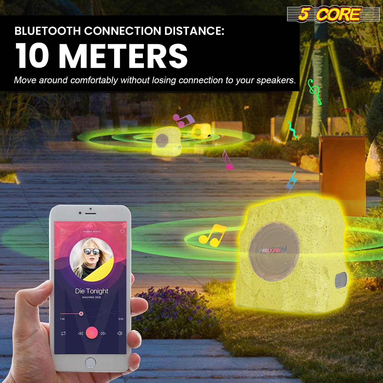 5 CORE  
BLUETOOTH CONNECTION DISTANCE: 10 METERS  
Move around comfortably without losing connection to your speakers.  

Die Tonight  
SHURO DEB